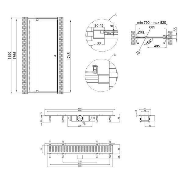 Набор Qtap дверь в нишу Pisces WHI208-9.CP5 79-92х185 см, стекло Pattern 5 мм + трап линейный Qtap D SD00048906 фото