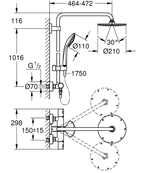 QuickFix Vitalio Joy System 210 Душова система з термостатом для настінного монтажу (27965000) 27965000 фото