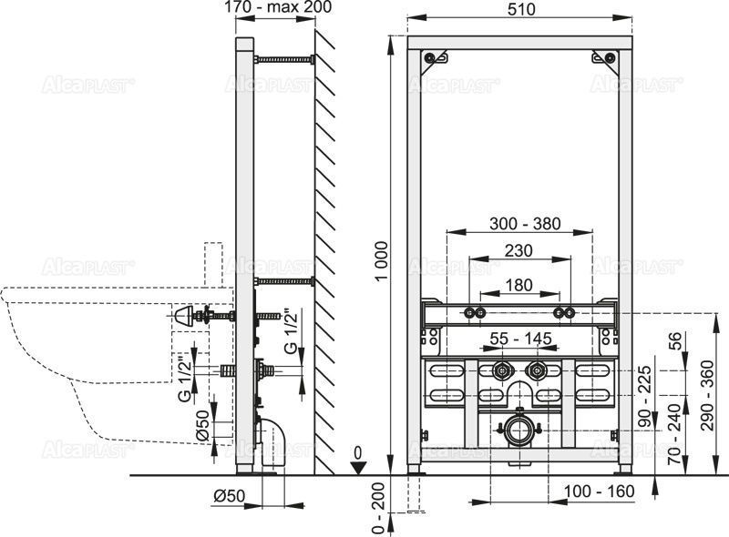 Монтажна рама для біде 510x100x1000 Alca Plast A105/1000 фото