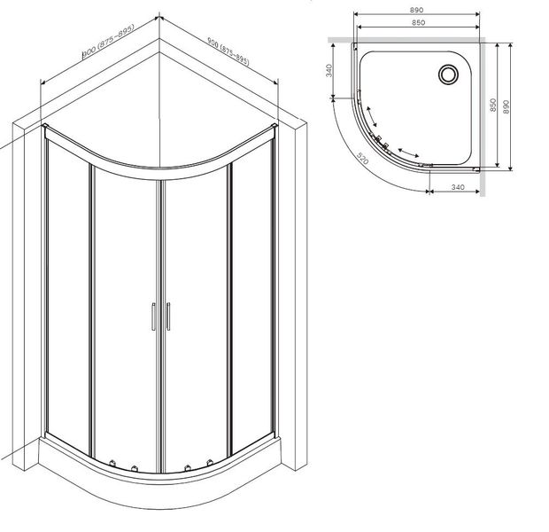 Душова кабіна Gem 1/4 Round 90 см AM.PM без піддону W90UG-401-090BT W90UG-401-090BT фото
