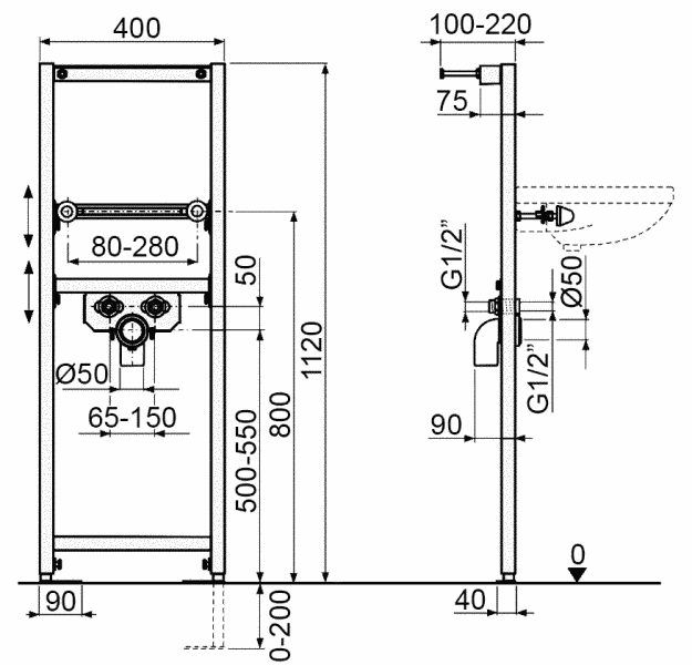 Монтажна рама для умивальника 510x100x1120 Alca Plast A104/1120 фото