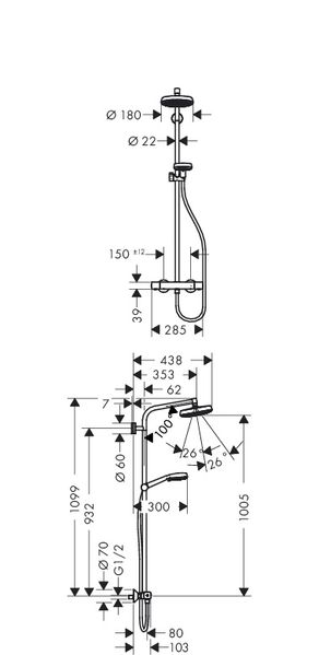 Душова система Hansgrohe Crometta 160 1jet Showerpipe EcoSmart 27265400 фото