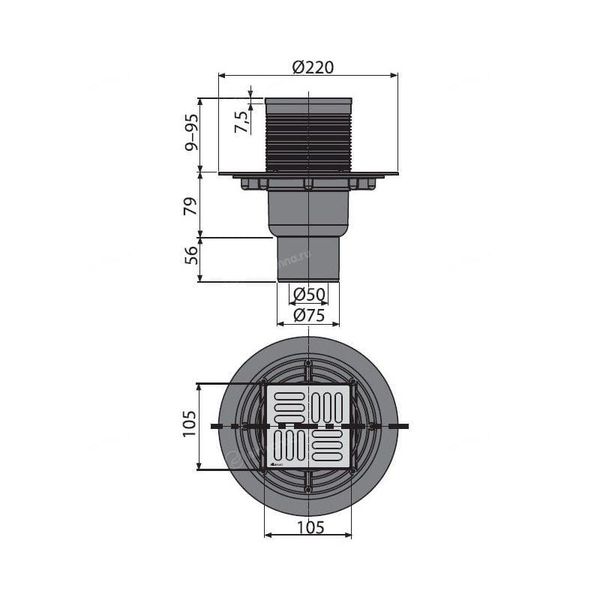 Зливний трап 105x105 / 50 / 75мм з прямим підведенням, з гідрозатвором SMART Alca Plast APV2321 фото