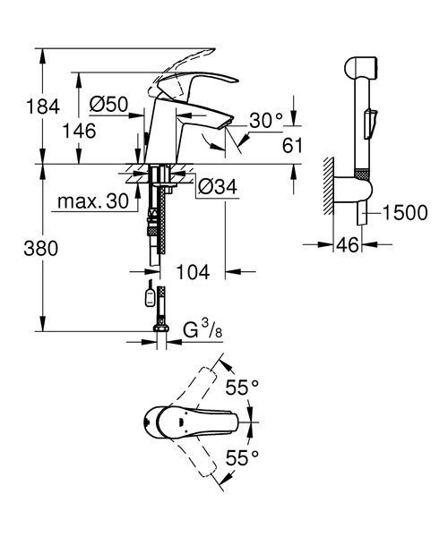 Змішувач для раковини Grohe Eurosmart DN 15 S-Size, з гігієнічним душем 23124002 фото